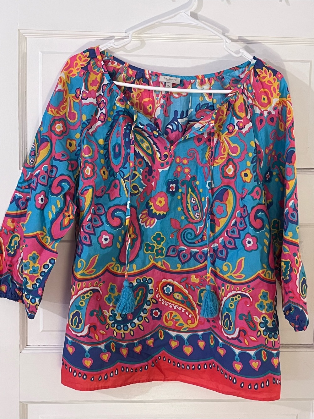 Talbots Turquoise Multicolor Paisley Tie-Neck Cotton Tunic
